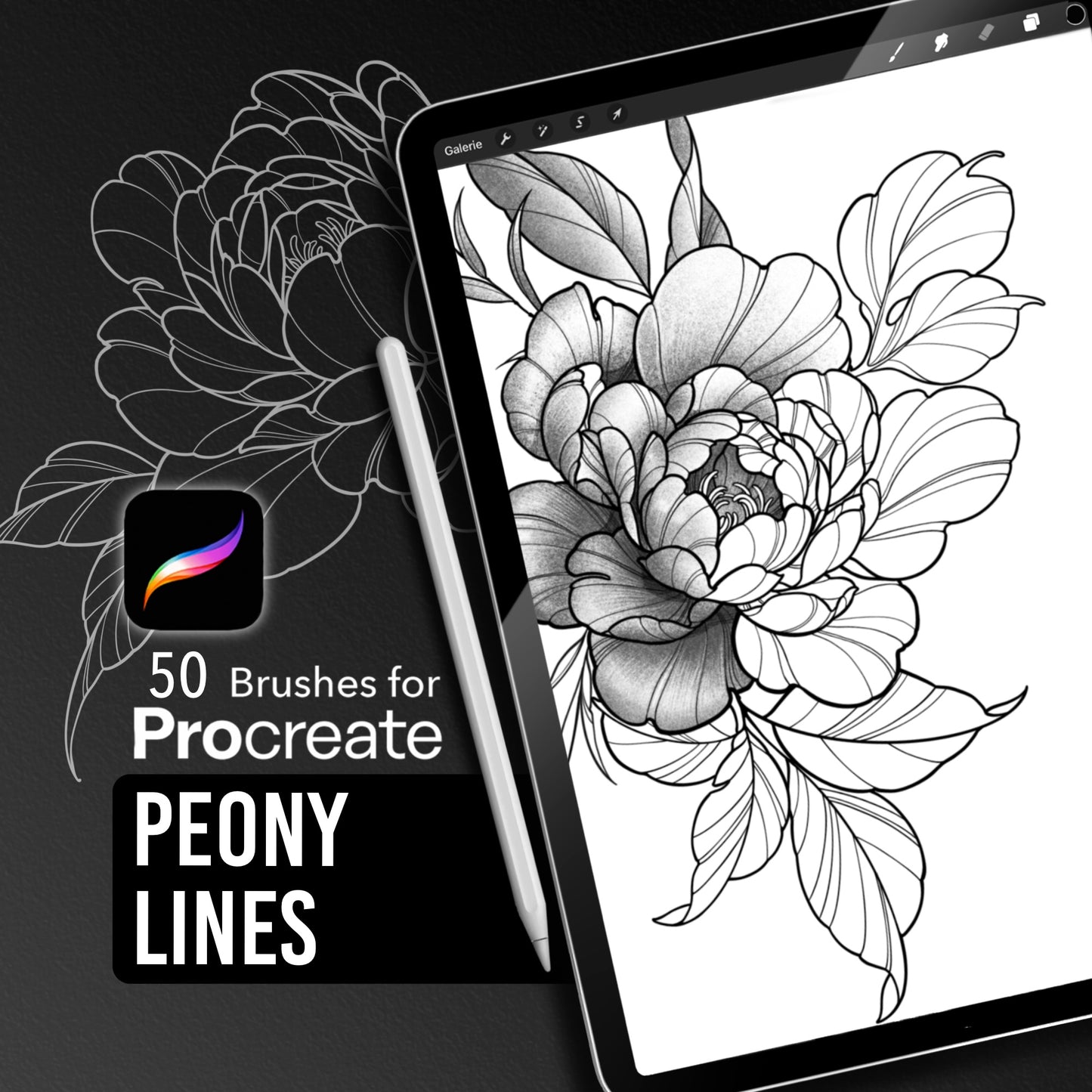 Promotional image of the Peony Lines Procreate brush pack featuring a large shaded floral tattoo-style composition and logo, with elegant linework peony in the background