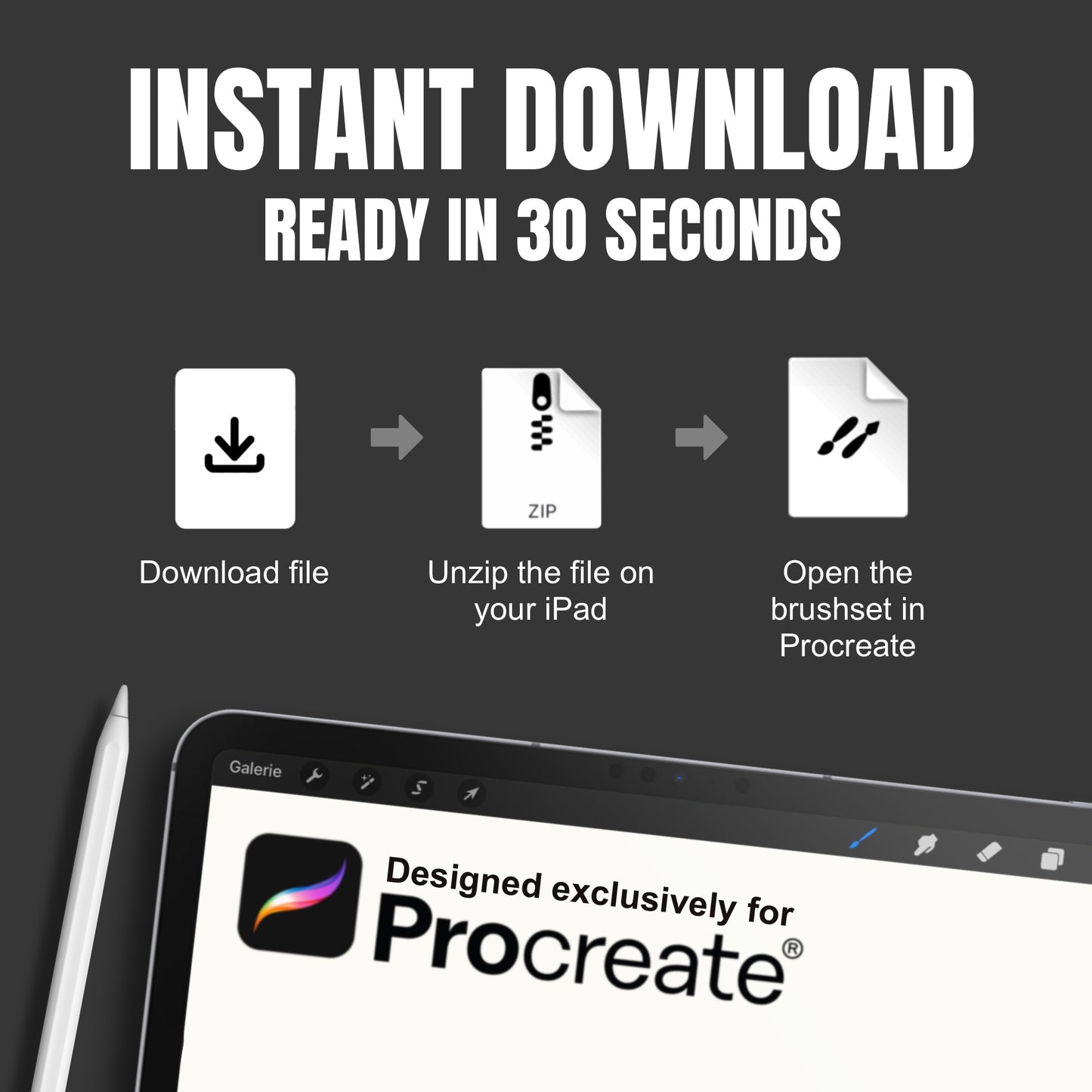 Instant download instructions for the Ultimate Procreate Brush Bundle on iPad