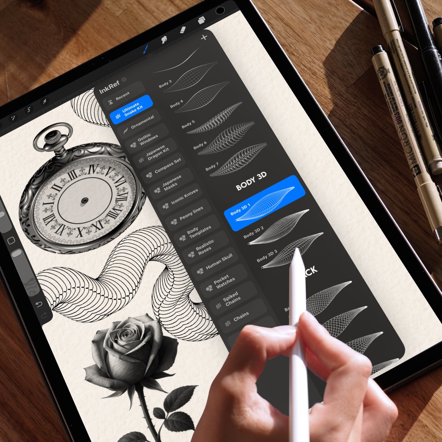 InkRef Procreate brushes open on an iPad — tattoo artist drawing a pocket watch, rose and snake with Apple Pencil