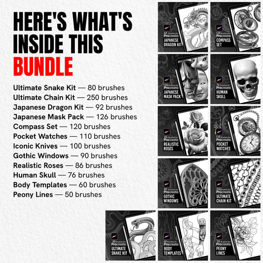 Contents of the Ultimate Procreate Brush Bundle listing 12 tattoo brush packs and 1,240 Procreate brushes
