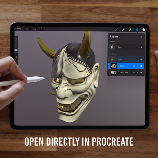 3D Hannya mask model opened in Procreate on iPad, ready to use for tattoo design references
