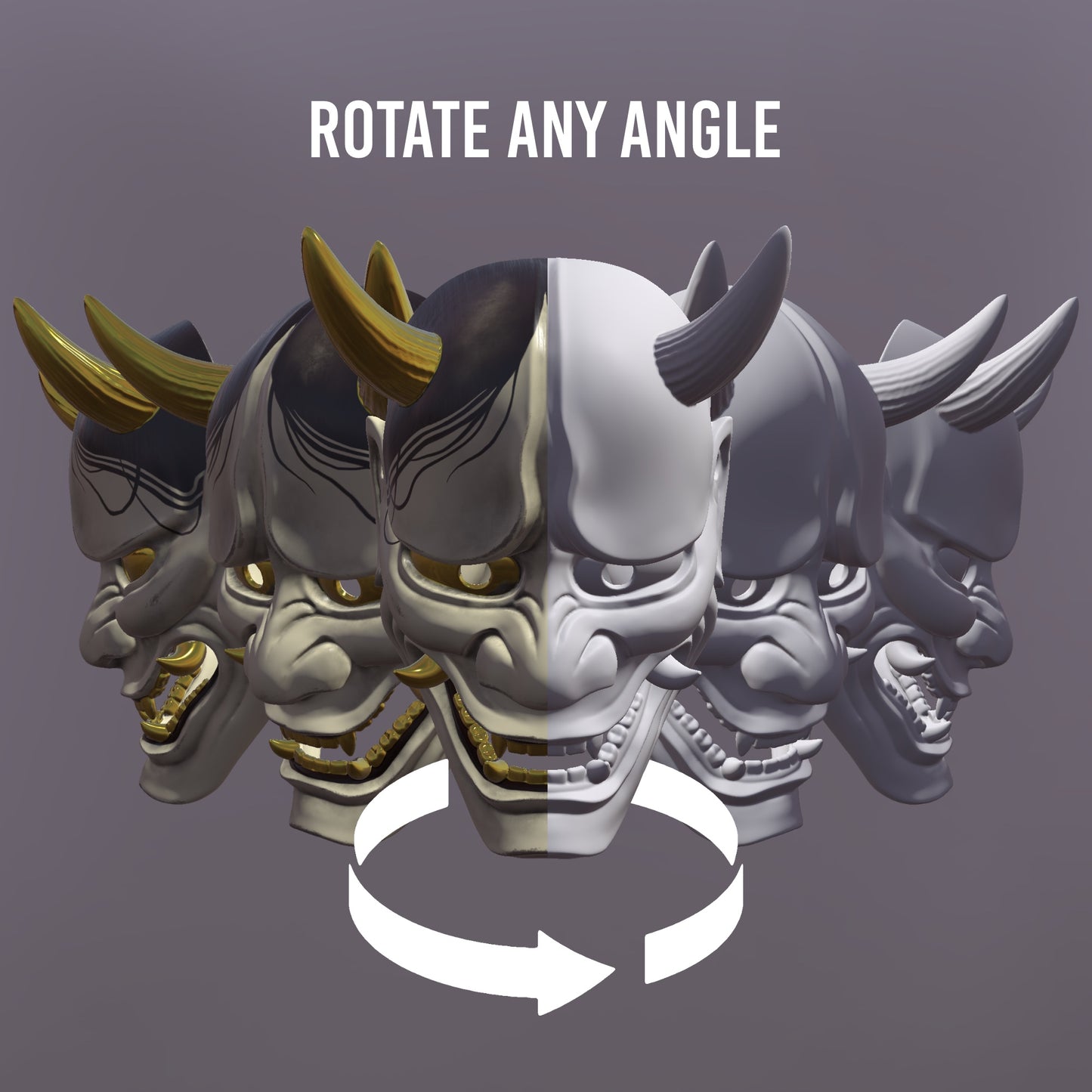 3D Hannya mask in Procreate showing multiple angles and full 360 rotation for tattoo artists