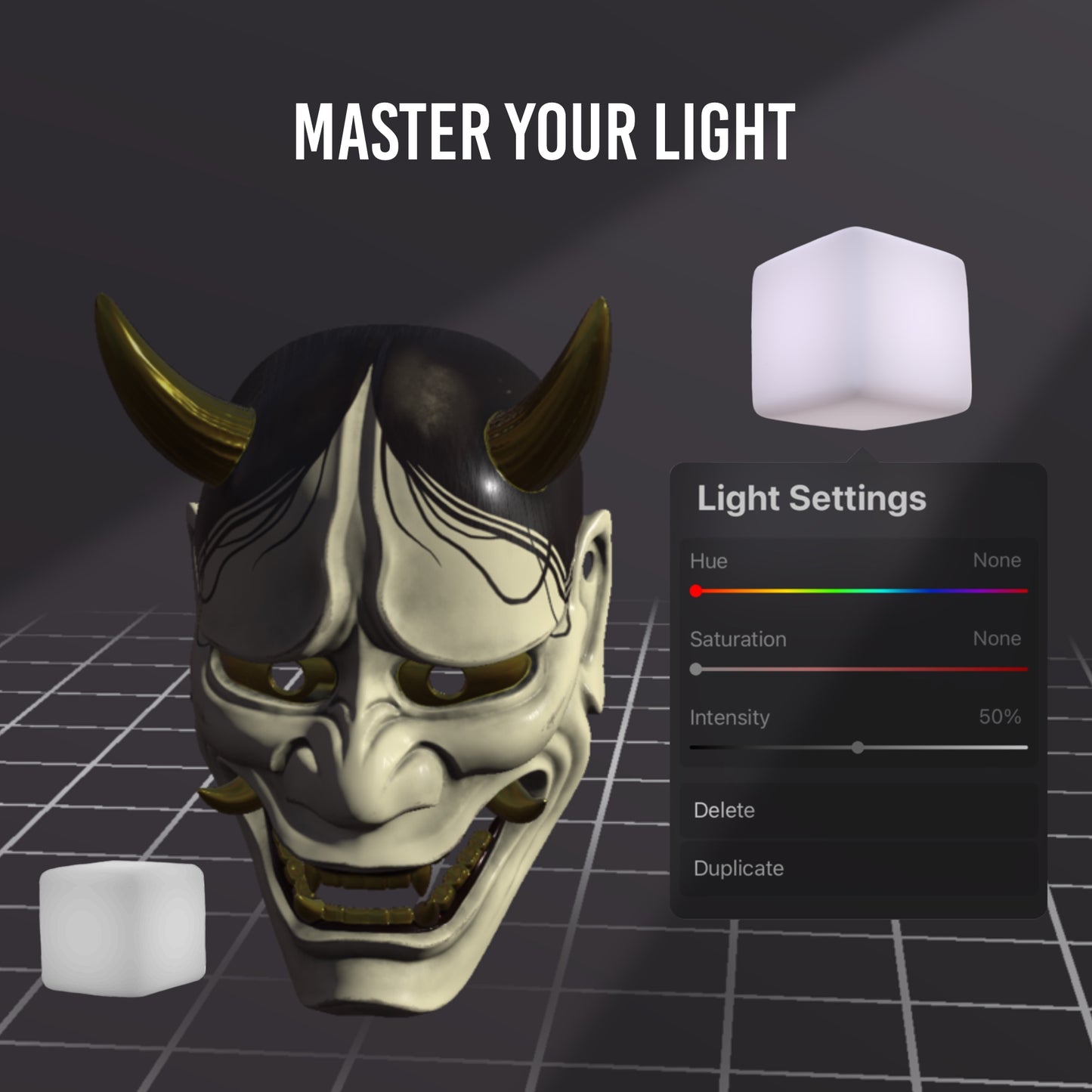 Hannya mask 3D model in Procreate with customizable light settings for realistic shading