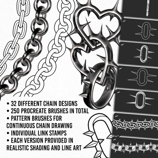 Ultimate Chain Kit brush pack for Procreate – includes 250 brushes with detailed realistic and outline versions of chains