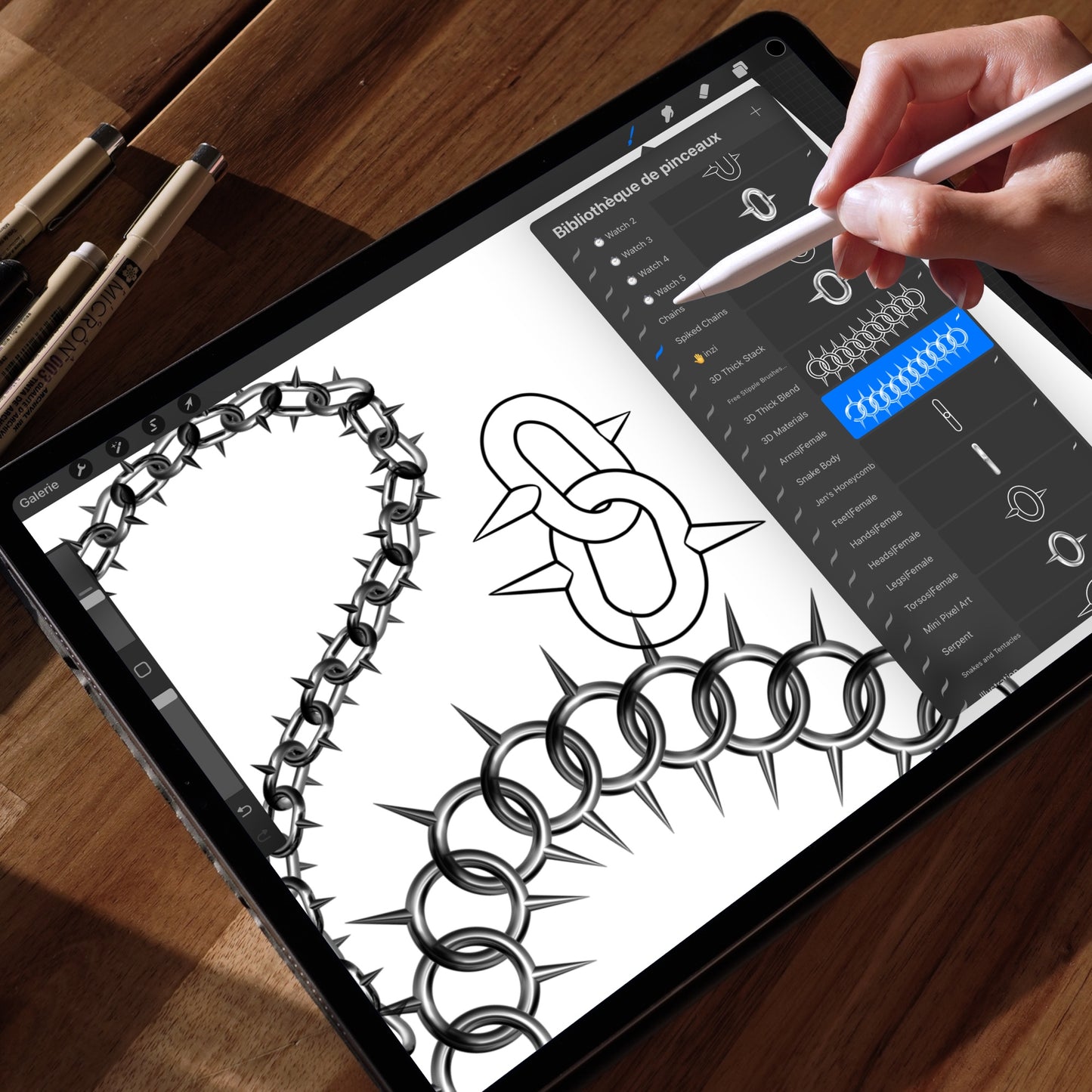 Procreate chain brushes – spiked chain stamp and pattern brushes previewed on iPad, perfect for tattoo artists and illustrators