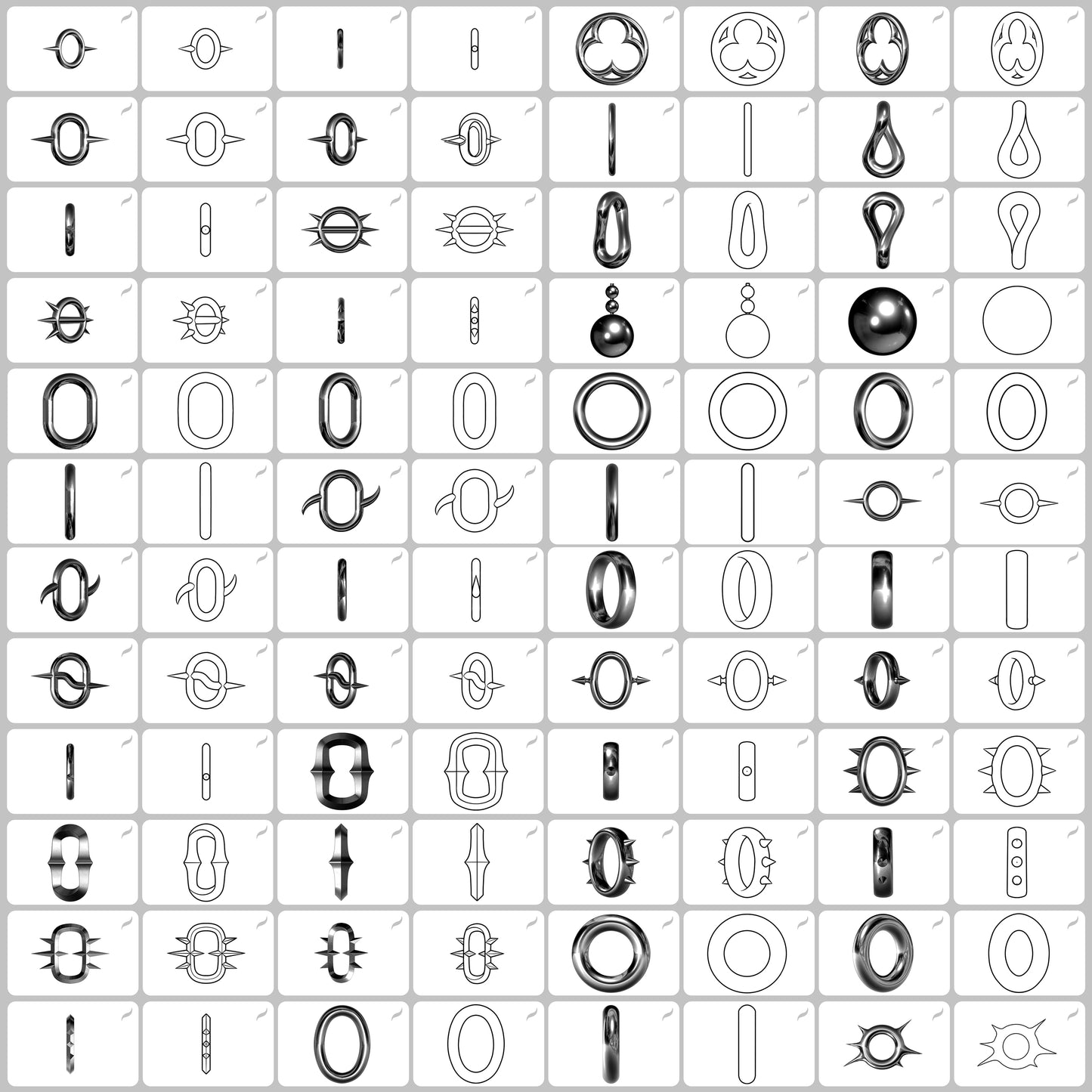 Full preview of all 250 Procreate chain brushes including 32 chain link styles, shown in both realistic shading and line art