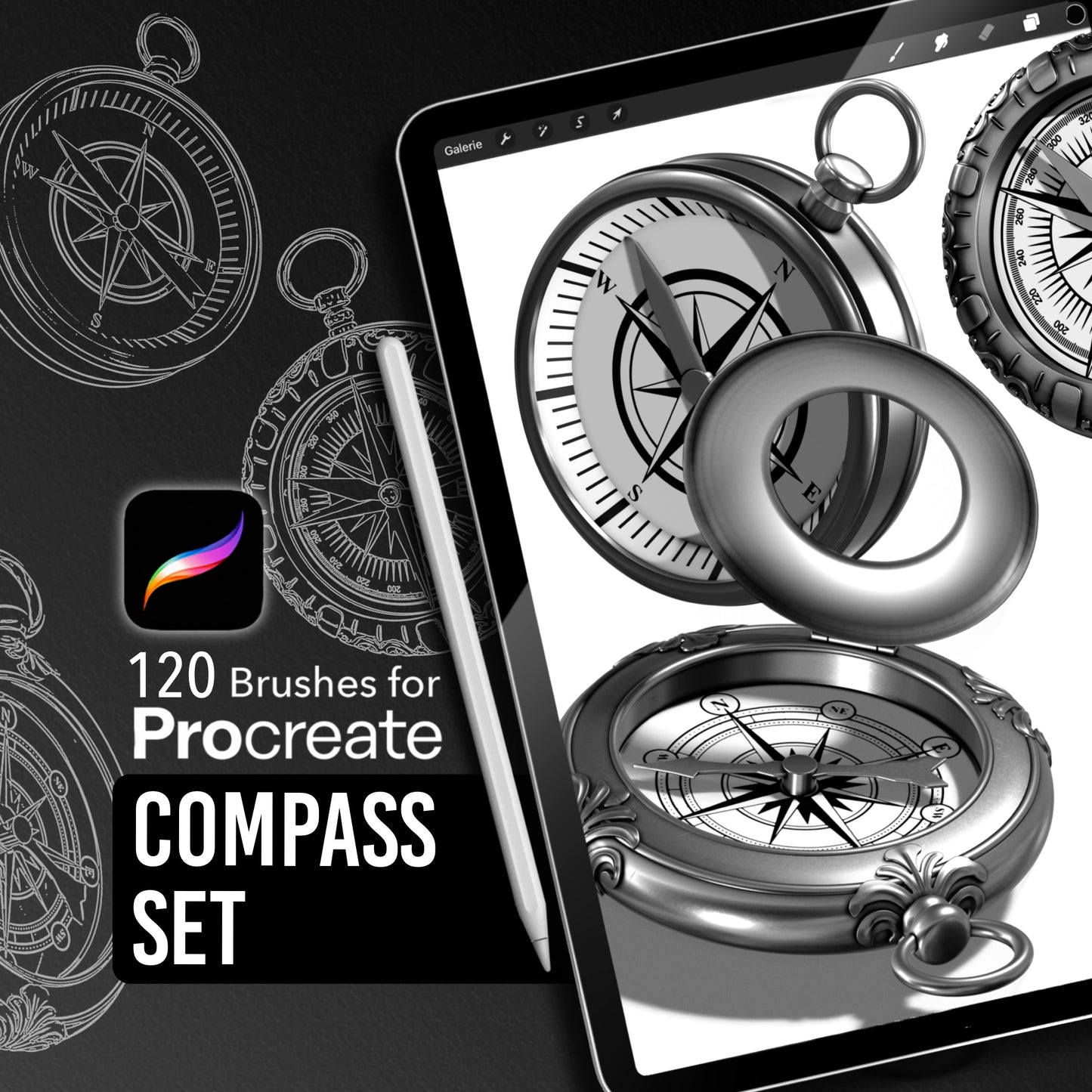 Compass Pack preview – 120 Procreate brushes including vintage compass designs, detailed line art and realistic shaded versions.