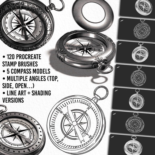 Procreate Compass Brushes Pack – 120 stamp brushes with 5 compass models, shown in multiple angles, line art and shading versions.