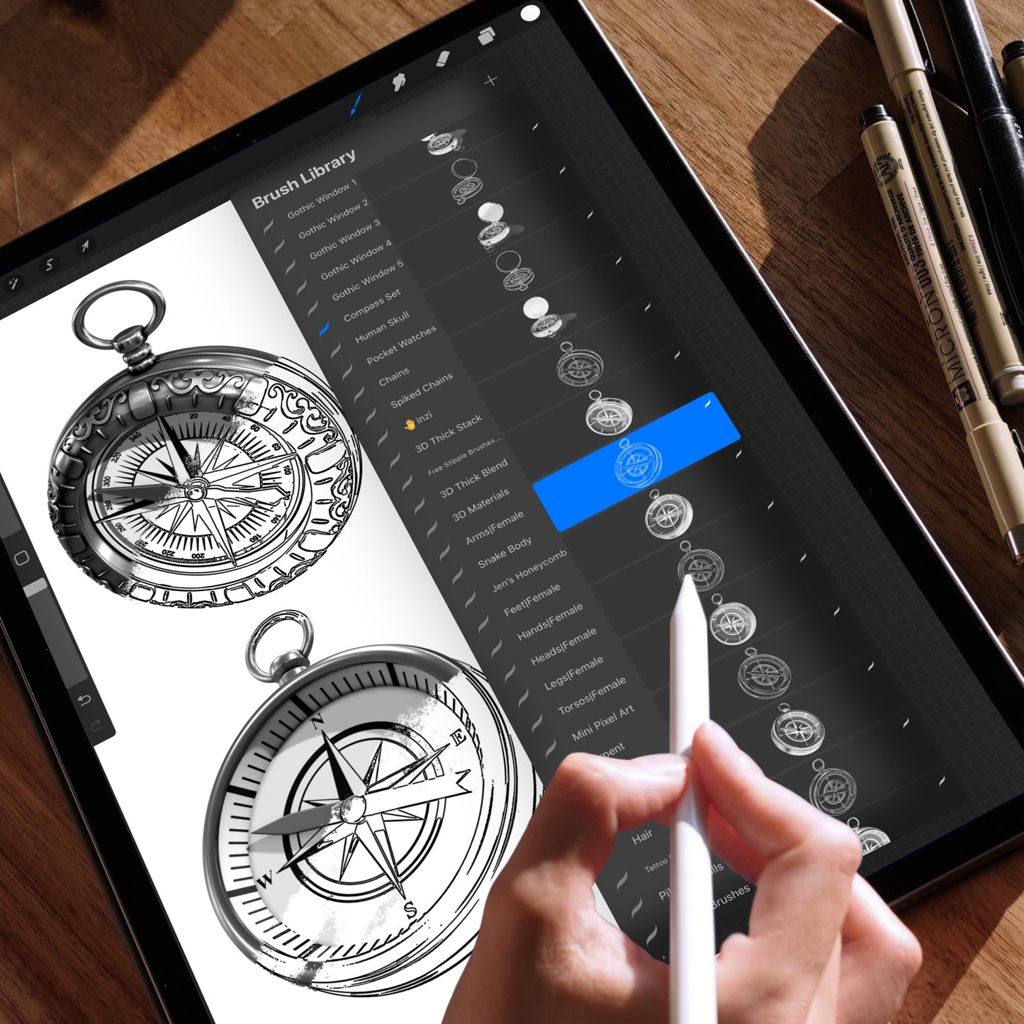 iPad screen with Procreate brush library – Compass Set brushes displayed, realistic shading and clean line art for tattoo artists.