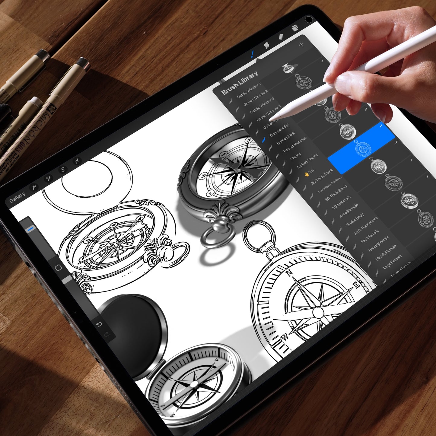 Compass Set Procreate brushes – different compass models drawn from top, side, and open views for tattoo flash and digital art.