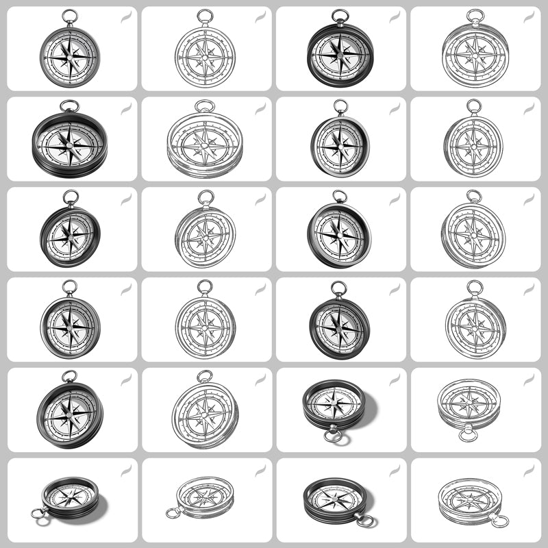 Grid of compass Procreate stamps – multiple compass angles and styles for tattoo artists, illustrators, and digital designers.