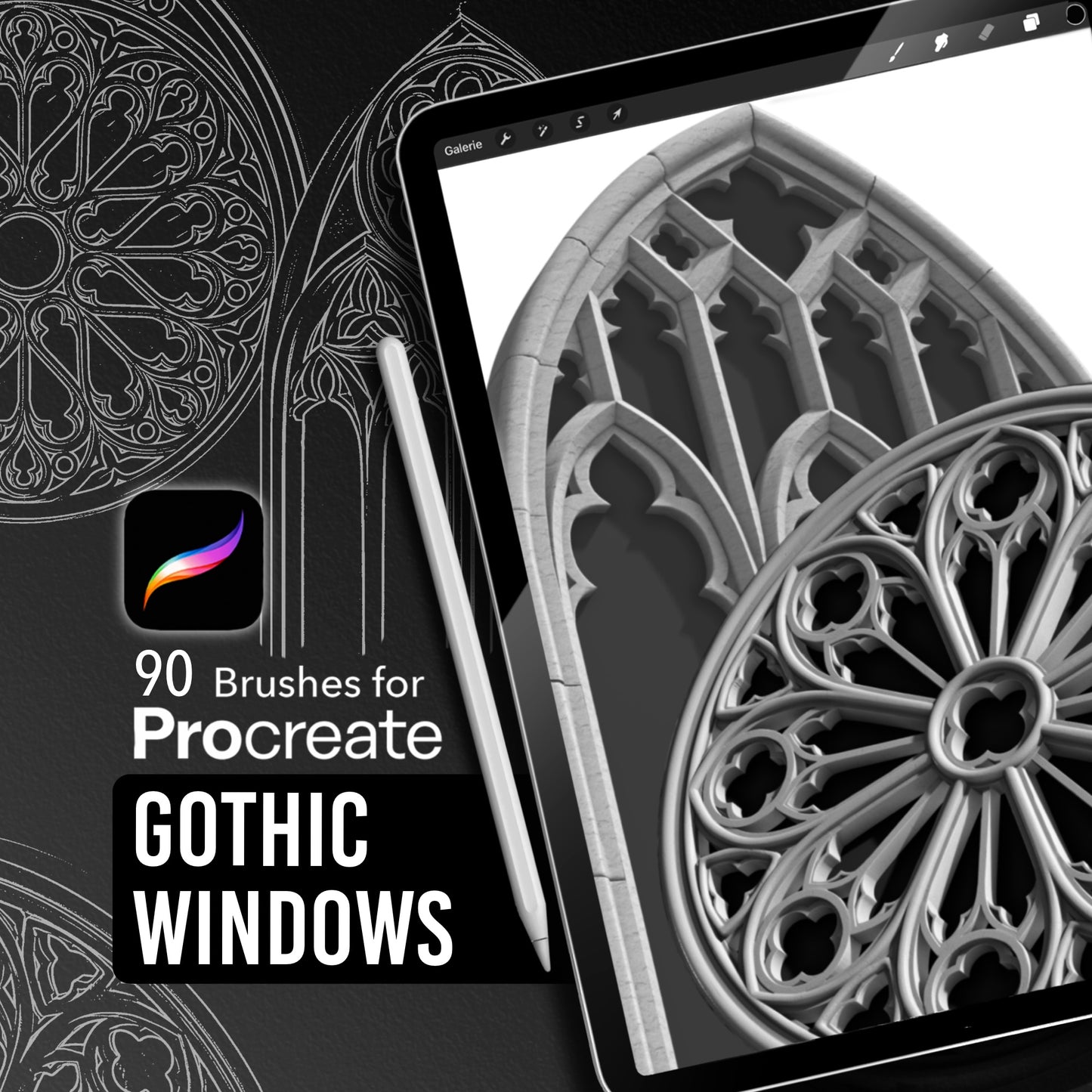 Procreate Gothic Windows Pack – 90 stamp brushes with 5 unique gothic window designs, shown in multiple angles, in line art and shading.