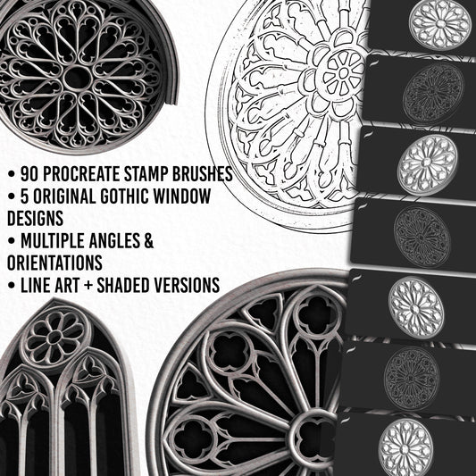 iPad screen showing Procreate brush library – Gothic Windows brushes with realistic shading and clean line art for tattoo artists and illustrators.