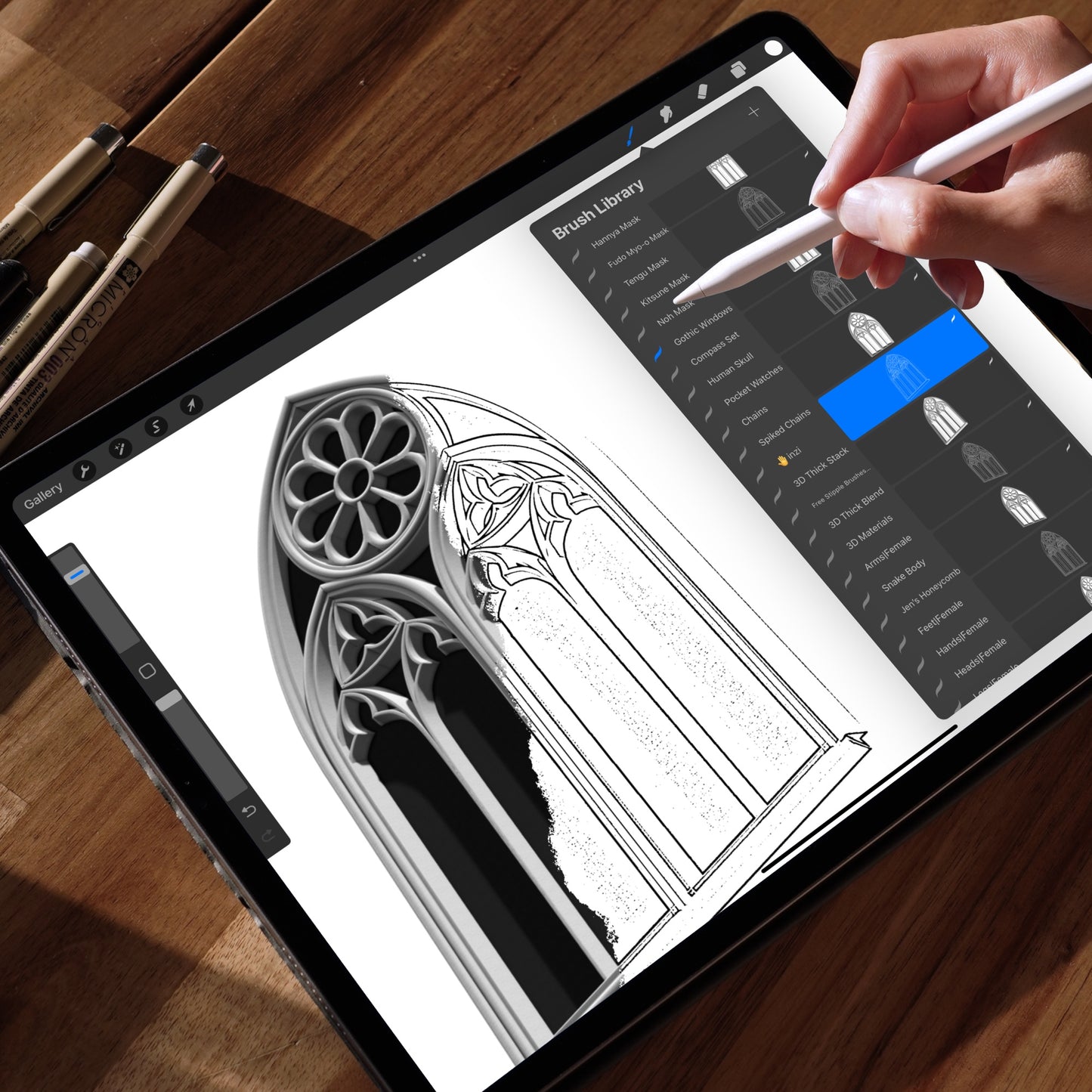 Preview of Gothic Windows Procreate pack – 90 high-quality brushes including round and arched gothic window designs, line art and shading versions.