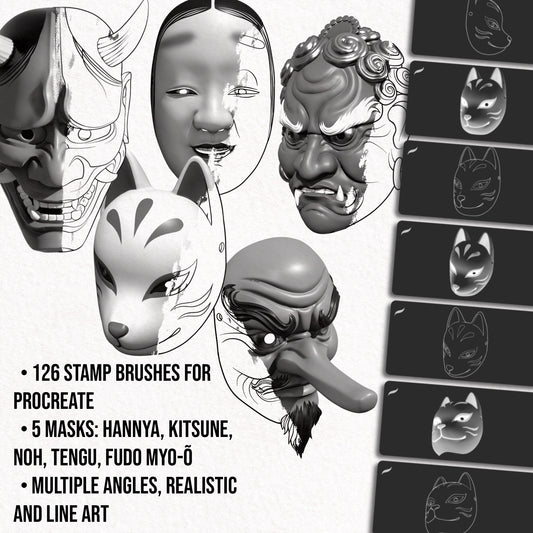 Japanese Mask Pack for Procreate – 126 brushes featuring Hannya, Kitsune, Noh, Tengu, and Fudō Myō-ō masks in realistic and line art versions, from multiple angles.