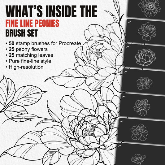Overview of 50 Fine Line Peonies Procreate stamp brushes with 25 flowers and 25 leaves