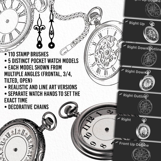 Promotional image showcasing detailed Procreate brushes of pocket watches in realistic and line art versions. The background features various watch designs and hands, including chains and decorative elements, displayed on textured paper.
