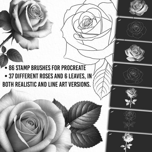 A promotional image showing detailed Procreate rose brushes in both realistic and line art styles, with black and white roses and leaves on a beige textured background. Text highlights: 86 stamp brushes for Procreate, 37 different roses and 6 leaves, realistic and line versions, PDF files.