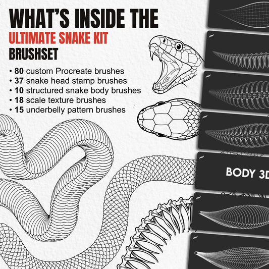 Overview of 80 Ultimate Snake Kit Procreate brushes with heads bodies scales and underbellies