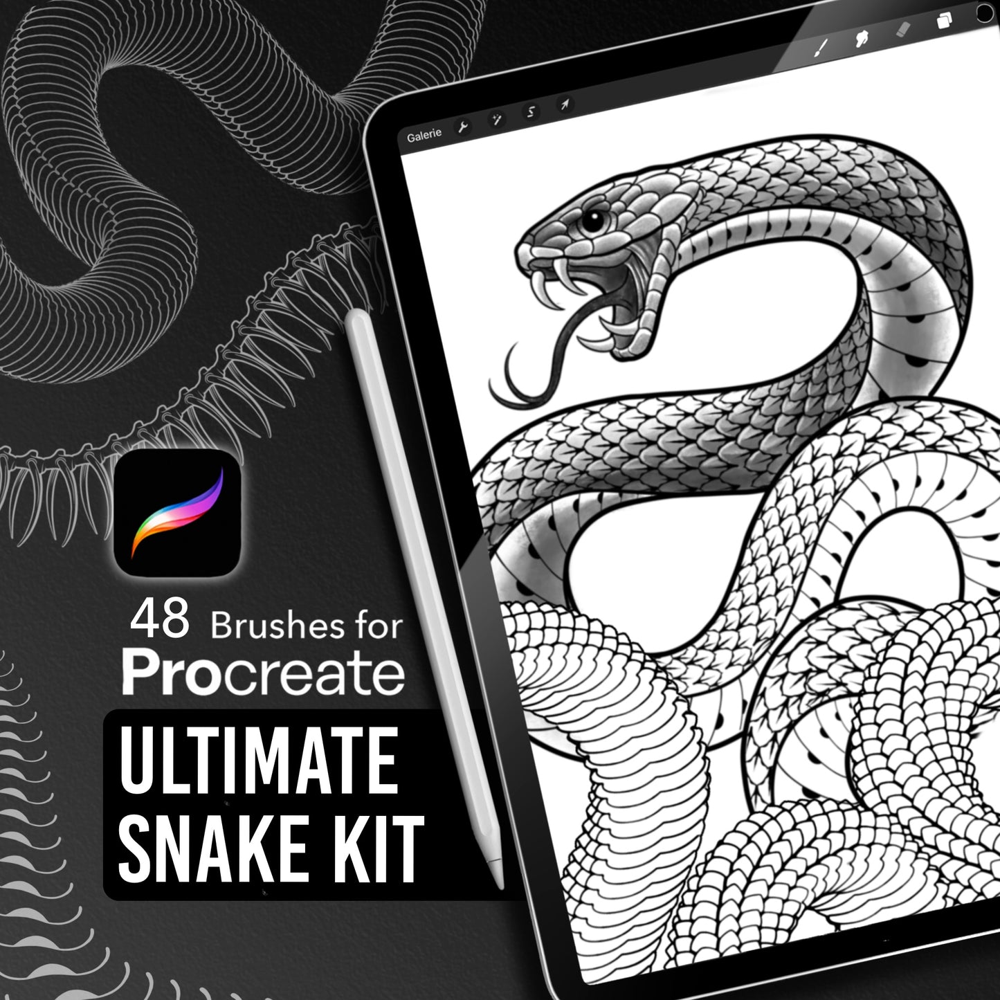 Cover image for the Ultimate Snake Kit – 48 Procreate brushes including snake heads, bodies, scales, and belly textures for tattoo artists.