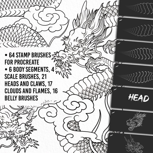Overview of Japanese Dragon Brush Set for Procreate, includes 56 stamp brushes: body segments, scales, heads, claws, clouds and flames, perfect for digital tattoo designs
