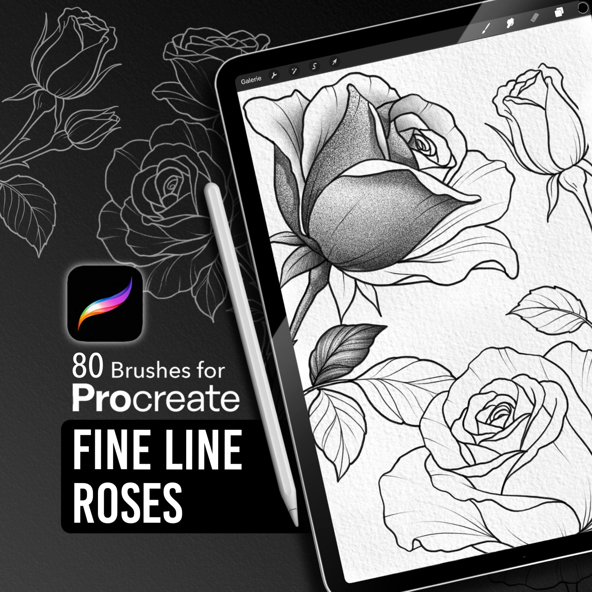 Fine Line Roses - 80 fine line rose stamp brushes for Procreate on iPad, tattoo brush set by InkRef