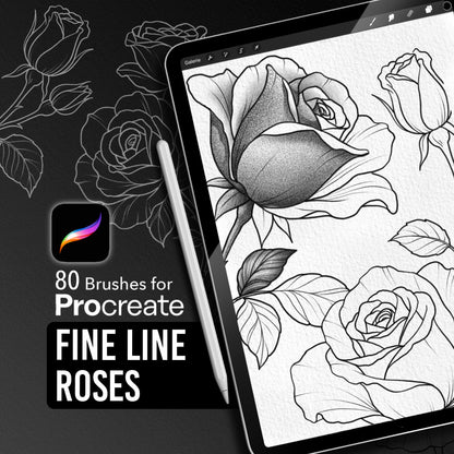Fine Line Roses - 80 fine line rose stamp brushes for Procreate on iPad, tattoo brush set by InkRef