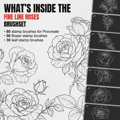 What's inside the Fine Line Roses brushset: 80 stamp brushes for Procreate - 50 flower stamps and 30 leaf stamps