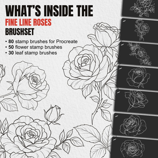 What's inside the Fine Line Roses brushset: 80 stamp brushes for Procreate - 50 flower stamps and 30 leaf stamps