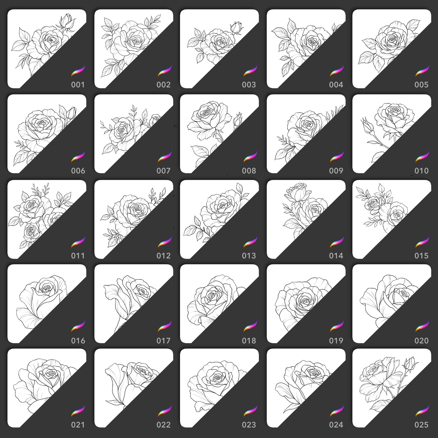 Preview grid of fine line rose stamp brushes 001 to 025 - rose compositions with leaves in clean linework