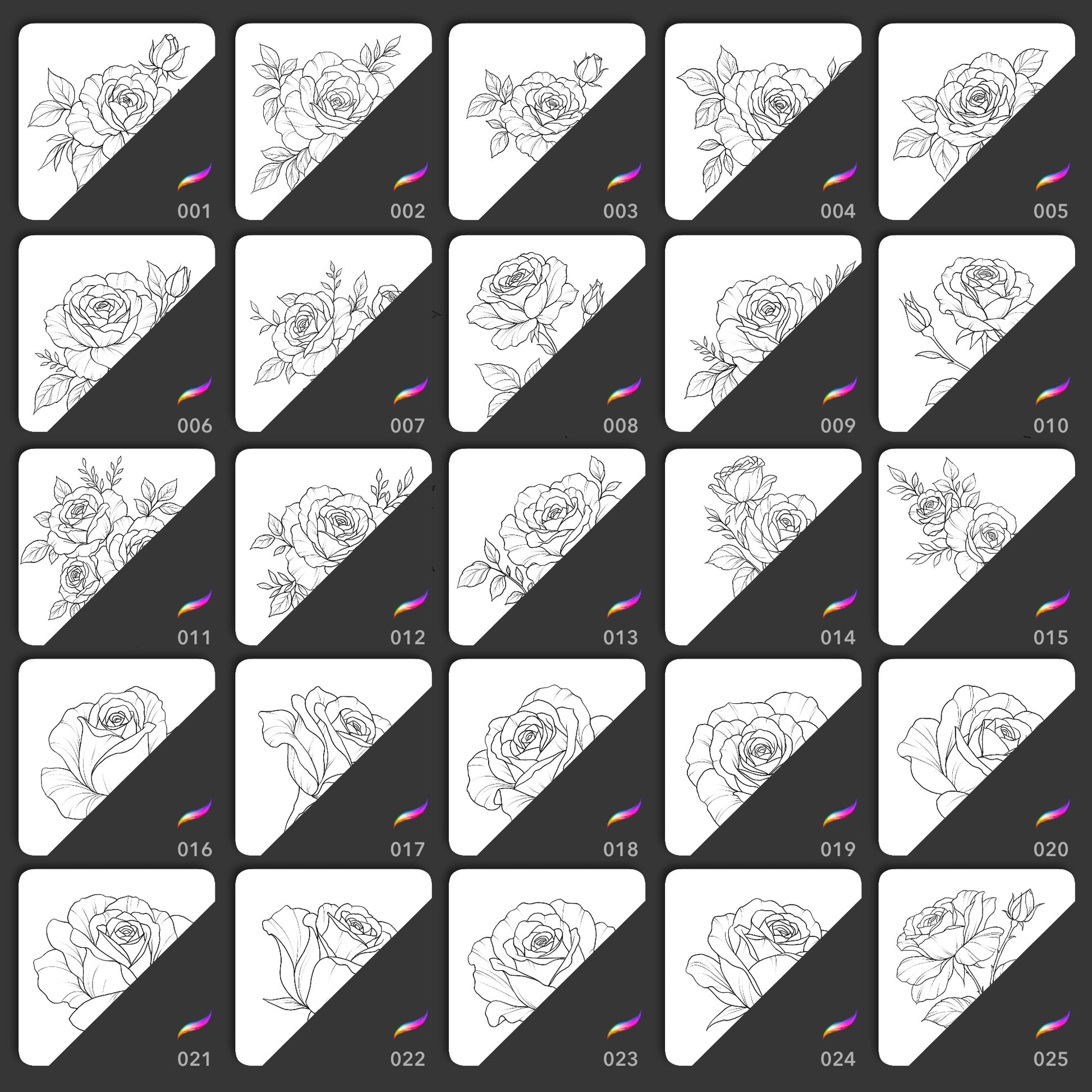 Preview grid of fine line rose stamp brushes 001 to 025 - rose compositions with leaves in clean linework