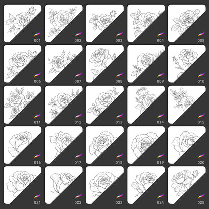 Preview grid of fine line rose stamp brushes 001 to 025 - rose compositions with leaves in clean linework