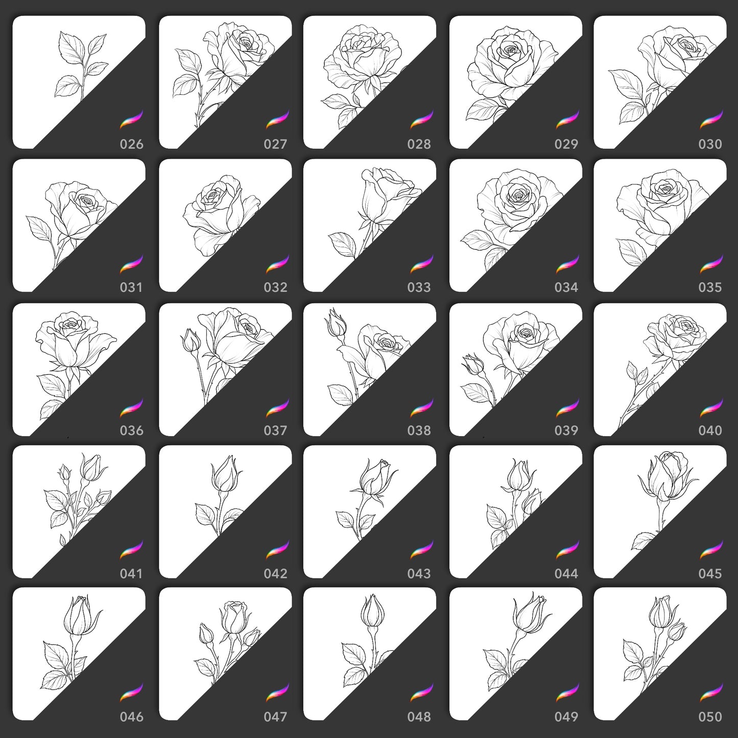 Preview grid of fine line rose stamp brushes 026 to 050 - open roses, buds and single stems in clean linework