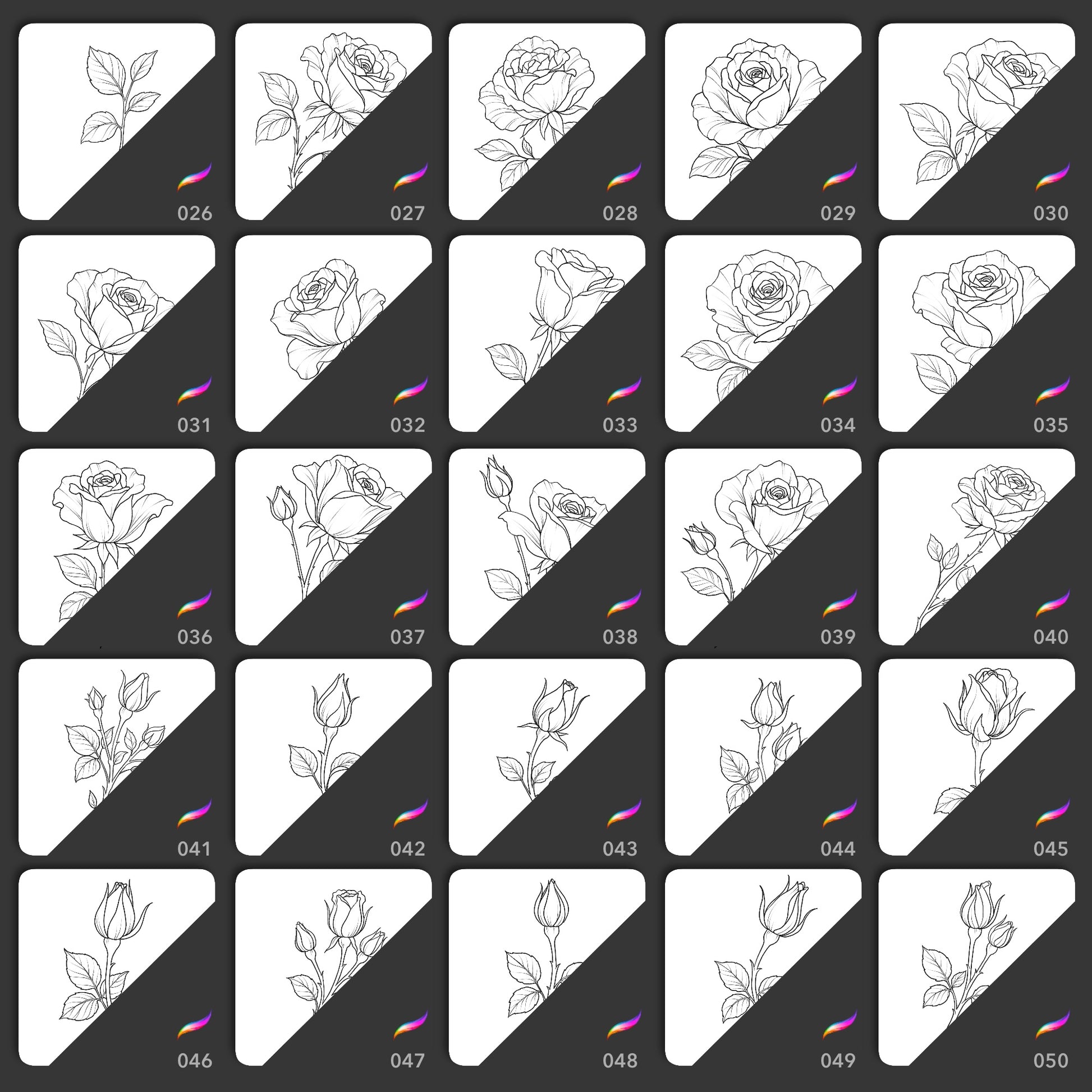 Preview grid of fine line rose stamp brushes 026 to 050 - open roses, buds and single stems in clean linework