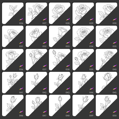 Preview grid of fine line rose stamp brushes 026 to 050 - open roses, buds and single stems in clean linework