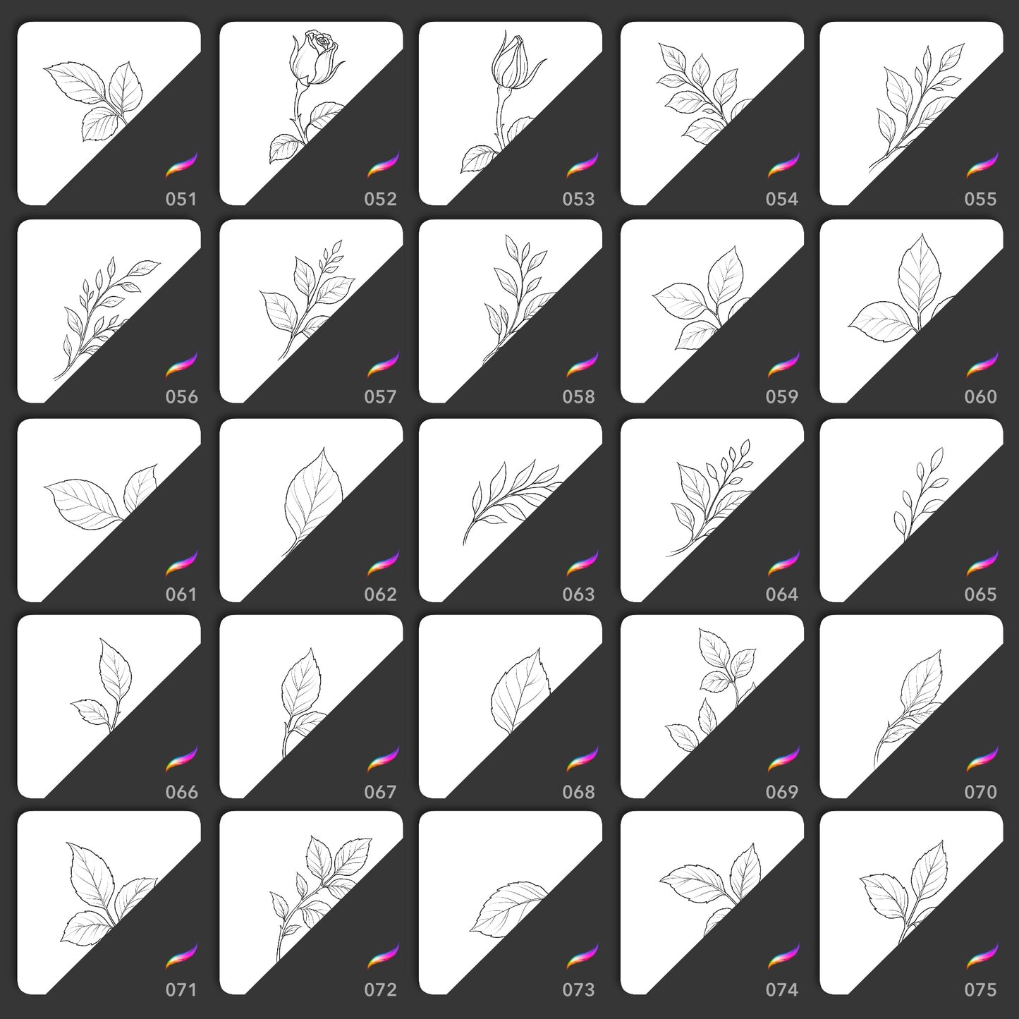 Preview grid of fine line leaf and rosebud stamp brushes 051 to 075 for Procreate