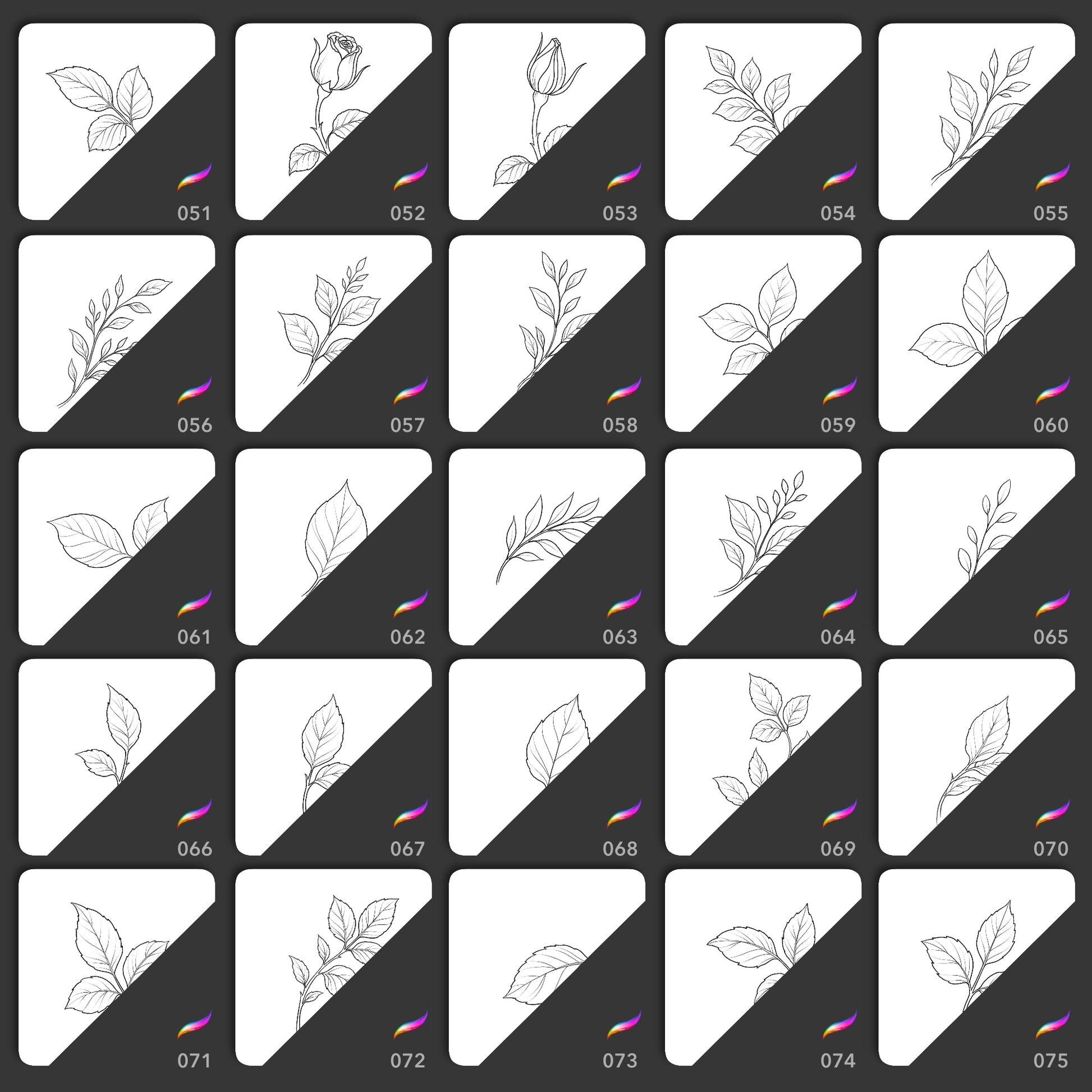 Preview grid of fine line leaf and rosebud stamp brushes 051 to 075 for Procreate