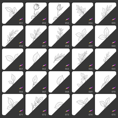 Preview grid of fine line leaf and rosebud stamp brushes 051 to 075 for Procreate