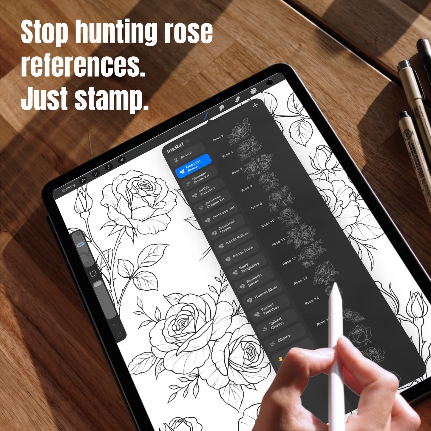 Stop hunting rose references, just stamp - Fine Line Roses brush library open in Procreate on iPad