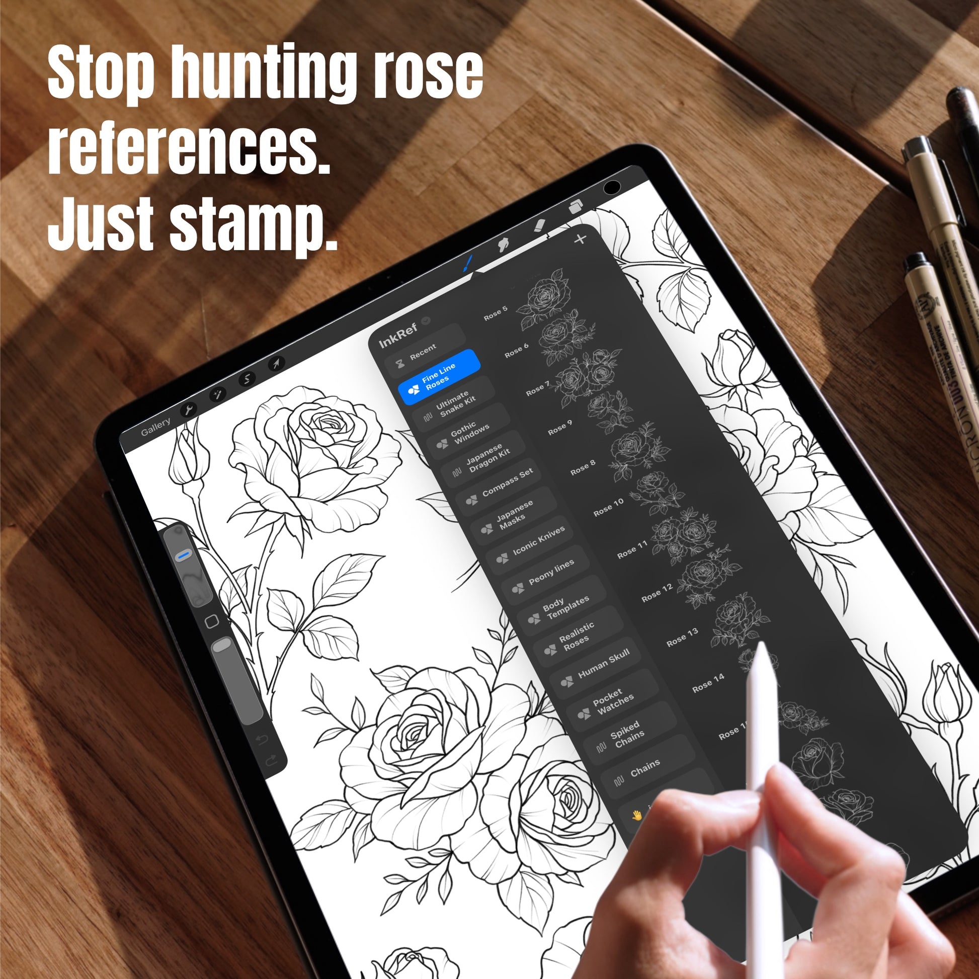 Stop hunting rose references, just stamp - Fine Line Roses brush library open in Procreate on iPad