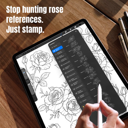 Stop hunting rose references, just stamp - Fine Line Roses brush library open in Procreate on iPad