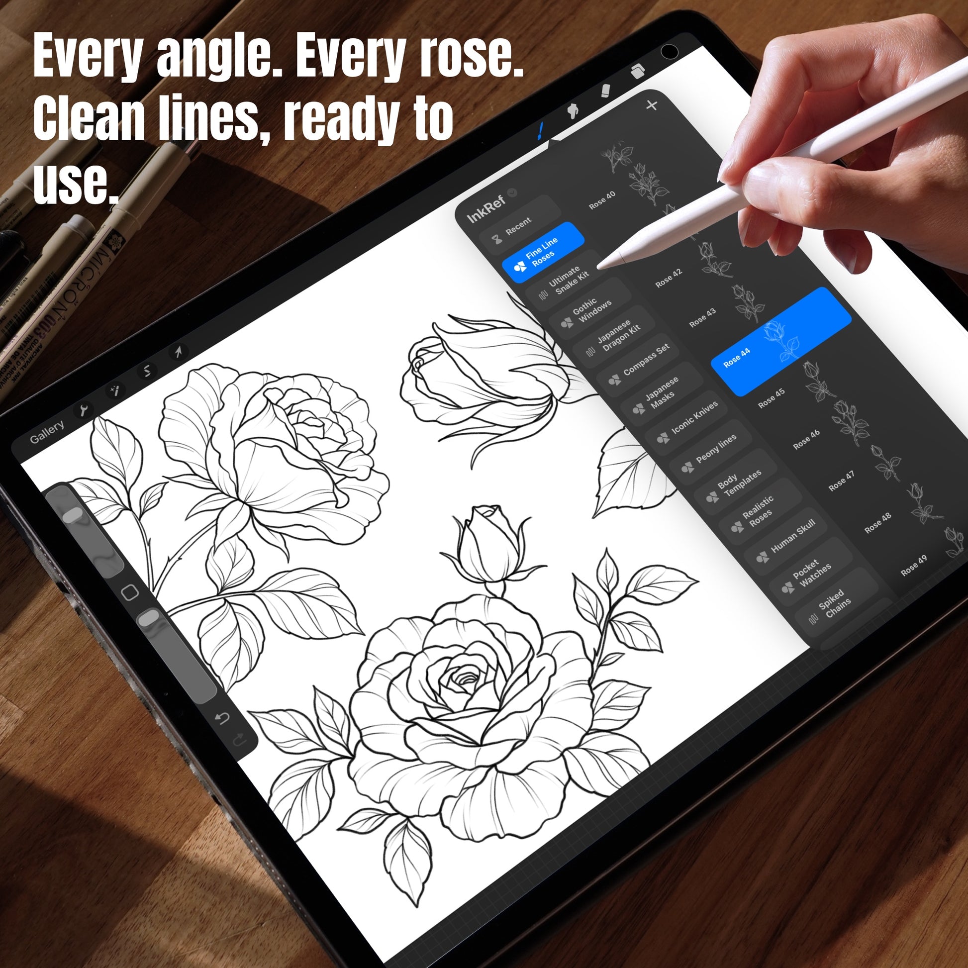 Every angle, every rose, clean lines ready to use - fine line rose stamps in Procreate on iPad