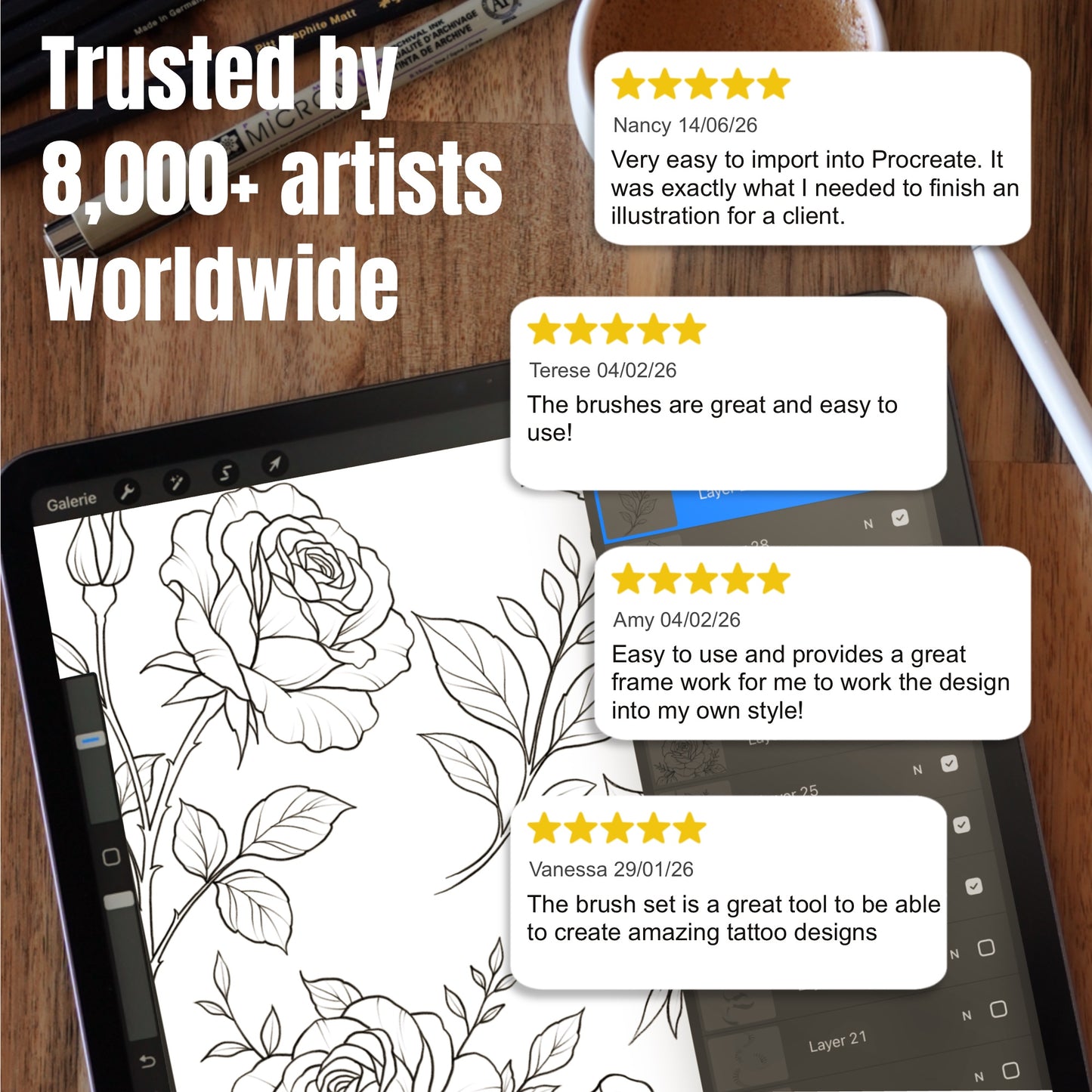 Trusted by 8,000+ artists worldwide - five star customer reviews of InkRef Procreate tattoo brushes