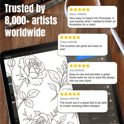 Trusted by 8,000+ artists worldwide - five star customer reviews of InkRef Procreate tattoo brushes