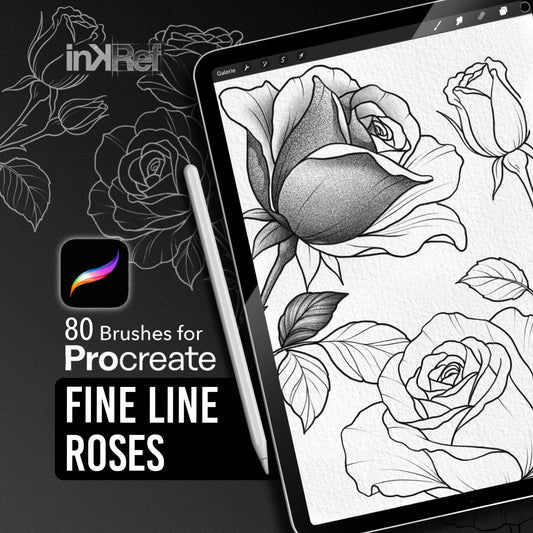 Fine Line Roses - 80 fine line rose stamp brushes for Procreate on iPad, tattoo brush set by InkRef
