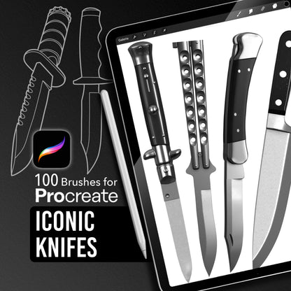 Iconic Knives Procreate brushes — 100 knife stamp brushes shown on iPad, mix of realistic and line art.