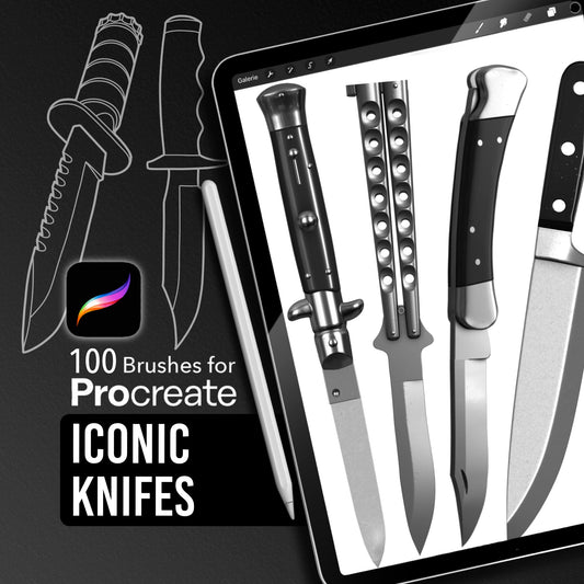 Iconic Knives Procreate brushes — 100 knife stamp brushes shown on iPad, mix of realistic and line art.