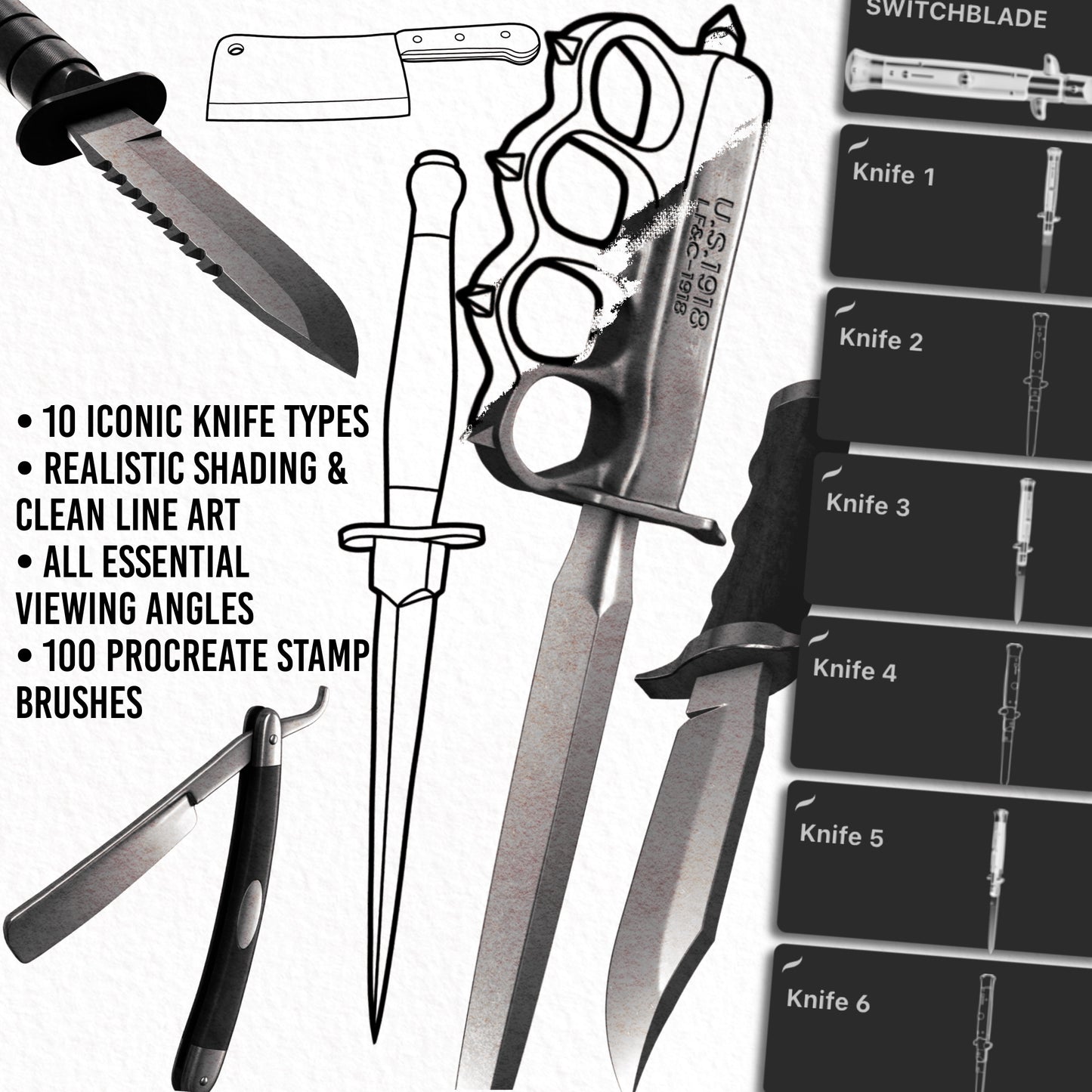 Iconic Knives — 10 iconic knife types with line art and realistic styles, essential viewing angles, 100 Procreate stamps.