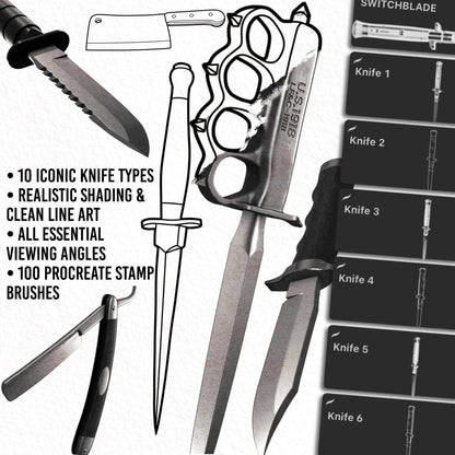 Iconic Knives — 10 iconic knife types with line art and realistic styles, essential viewing angles, 100 Procreate stamps.