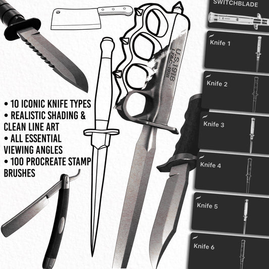 Iconic Knives — 10 iconic knife types with line art and realistic styles, essential viewing angles, 100 Procreate stamps.